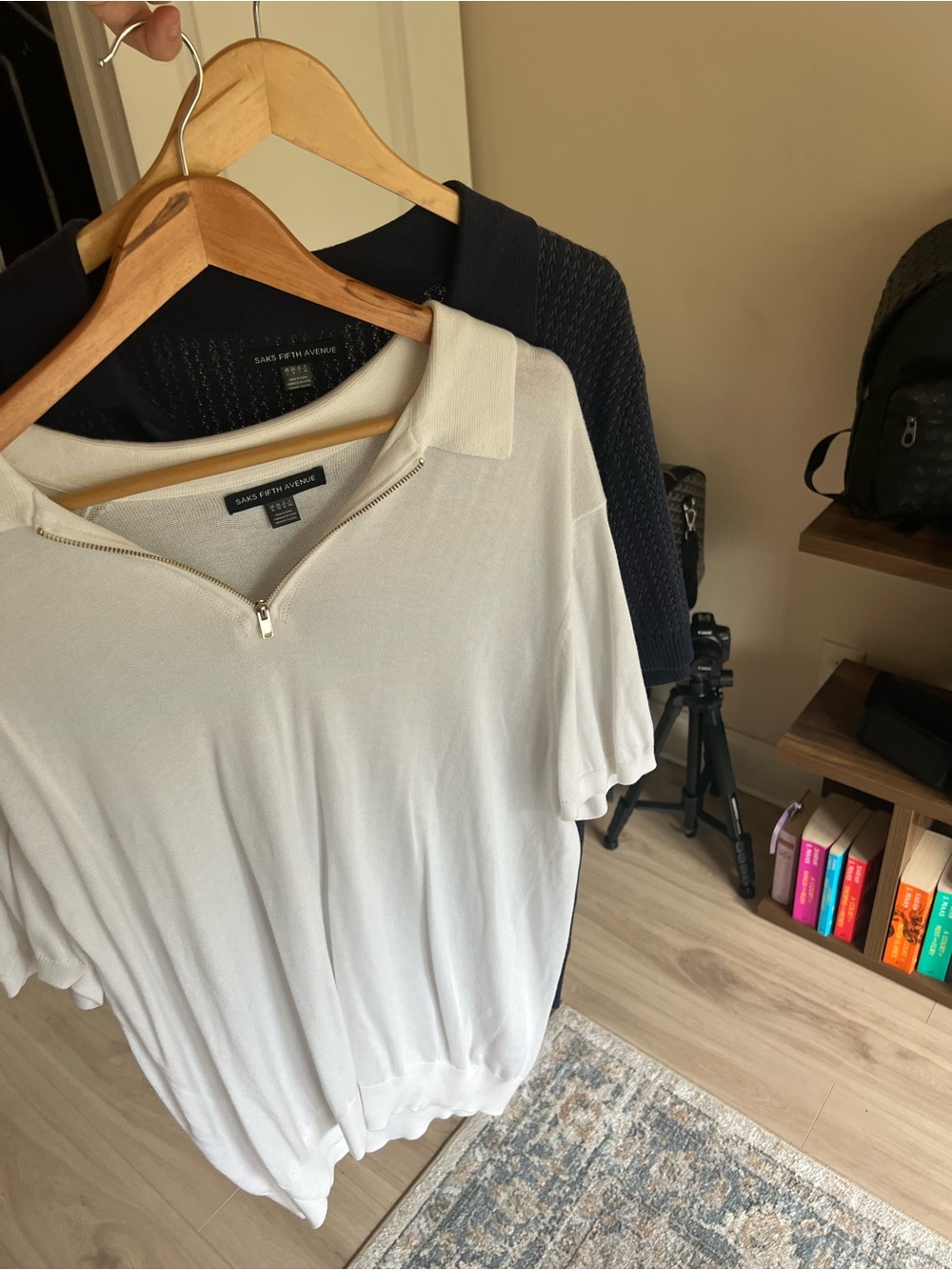 Set of 2, Saks Fifth Avenue White and Navy Zip Polo Top, Size XL & L, New